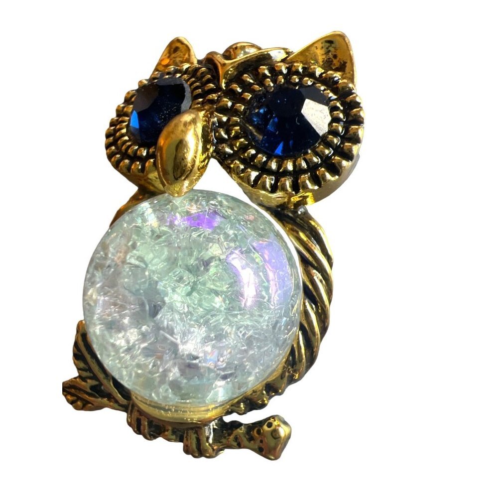 Owl Brooch Gold Tone Blue Crystal Eyes White Crystal Marble Belly VTG style